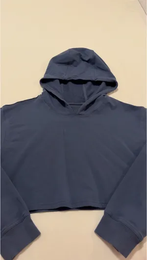 Womens Blue Solid Cropped Pullover Hoodie Sweatshirt Hooded Long Sleeve thumbnail 2