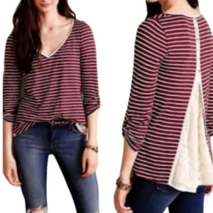 Anthropologie Meadow Rue Cassia Red Striped‎ Lace Back Long Sleeve Top S thumbnail 2