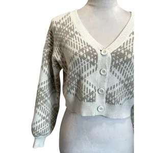 Hollister XS Cream Diamond Pattern Cropped Cardigan VNeck Button Front Knit Cozy thumbnail 3