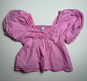 Old Navy Barbie Pink Puff Sleeve Ruched Fairy Babydoll Milkmaid Cute Blouse Top Size M thumbnail 1