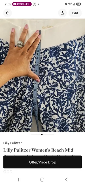 Lilly Pulitzer Women's Beach Mid Rise Linen Palazzo Pants Oyster Bay Blue White thumbnail 2