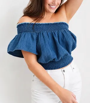 Aerie Blue Denim One Shoulder Ruffle Smocked Crop Top‎ Size M thumbnail 1