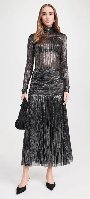 Sabina Musayev Lolite Drop Waist Sparkly Midi Skirt in Black Size X-Small Party thumbnail 1