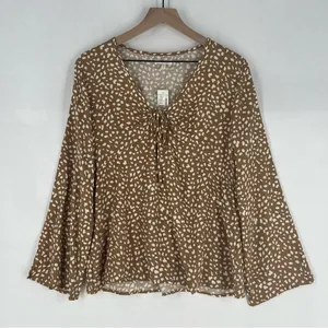 Maurices Brown & White Speckled Dot Print Flare Sleeve Tie Front V-Neck Blouse S thumbnail 1