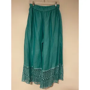 LERMAJ Vintage Teal Linen Blend Two Piece Set Lace Wrap Top Wide Leg Pants M/L thumbnail 9