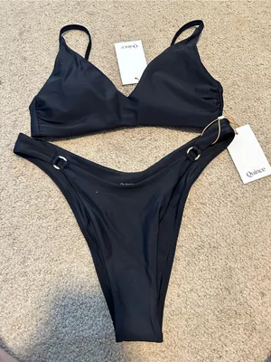 NWT Quince V Neck High Leg Ring bikini set black small thumbnail 2