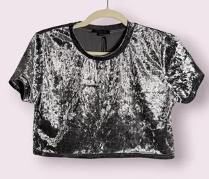 Dolls Kill Club Exx Sassy Solar Silver Crushed Velvet Crop Top Size Large thumbnail 1