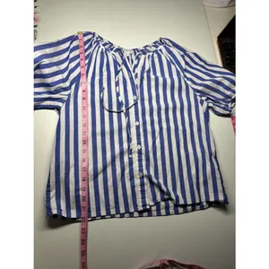 J.Crew Blue White Striped Blouse Tie Neck Puff Sleeve Coastal Chic thumbnail 4