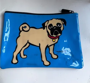 Marc Tetro Pug Dog Blue Vinyl Zip Pouch with Striped Lining thumbnail 1