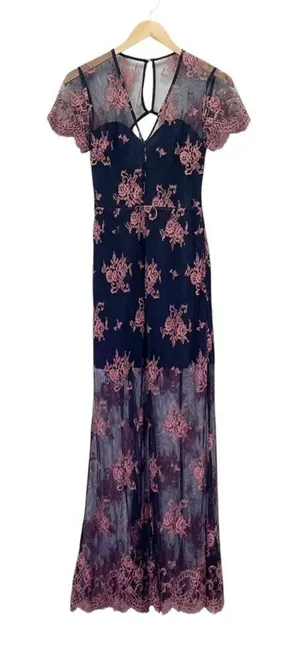 Lovers + Friends Shoreline Maxi Dress Navy Pink Lace Size Small Sheer Floral thumbnail 1