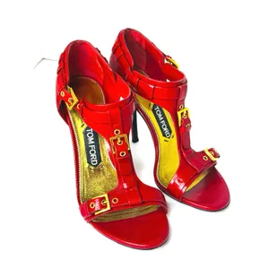Tom Ford Red Leather Buckle T Strap High Heel Sandals EU 37.5 thumbnail 7