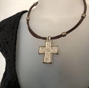 2000s y2k grunge whimsygoth Premier design engraved silver cross pendant necklace faux leather cord thumbnail 2