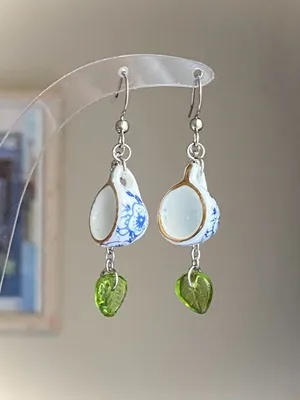 Handmade porcelain tea cup & Czech glass leaf unique fun fairy antique style dangle earrings🫖🍃🌀 thumbnail 3