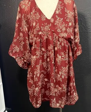 Bailey Blue Womens Burgundy Floral Print V‎ Neck Babydoll Dress Ruffle Sleeve M thumbnail 1