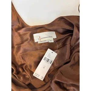 Anthropologie Long Sleeve Silky Satin Cowl Neck Bell Sleeve Mini Dress Brown M thumbnail 3