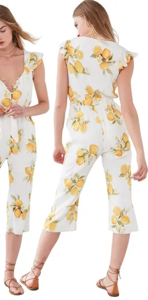 For Love & Lemons Limonada Tie-Front Jumpsuit Women's Medium White Lemon Print thumbnail 1