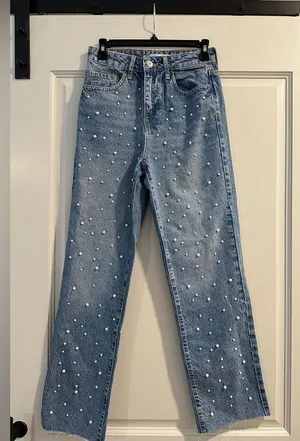 ZARA High Waist Straight Leg Pearl Studded Jeans thumbnail 2