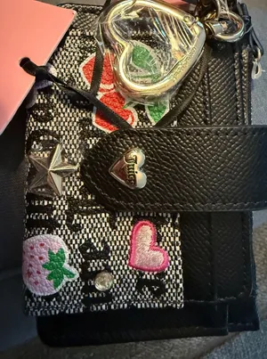 Juicy Couture Card Case Wallet Black Jacquard Logo Strawberry Heart Keychain NWT thumbnail 1