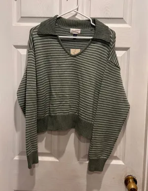 New Universal Thread Womens Large Sage Green‎ Striped Collared Pullover Sweater thumbnail 1