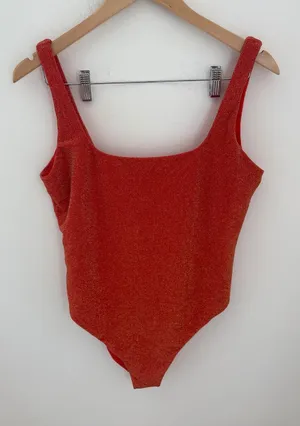 Aerie‎ Real Good Red Gold Shimmer One Piece Cheekiest Swimsuit XL Square Neck thumbnail 1