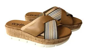 Earth Finale Leather Platform Crossband Slide Sandal Tan Woven Strap 8 thumbnail 1
