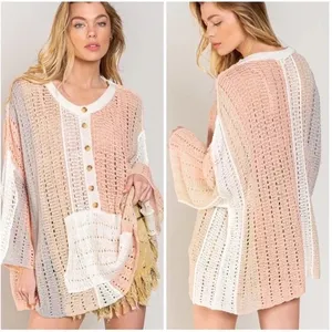POL Blush Coral Stripe Loose Crochet Sweater - size small thumbnail 2