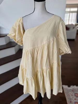 Showpo Light Yellow Asymmetric Off Shoulder Puff Sleeve Tiered Mini Swing Dress thumbnail 1