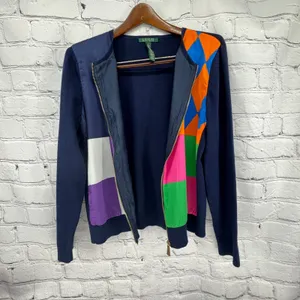 Lauren Ralph Lauren Women's XL Cardigan Sweater Colorblock Harlequin Mixed Media thumbnail 9