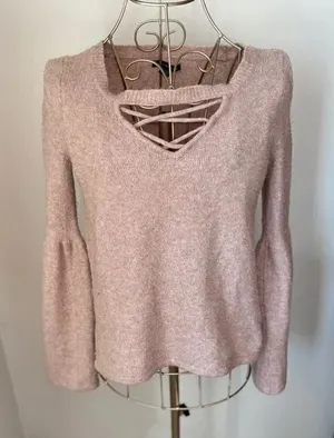 American Eagle Criss Cross Lace Up V Neck Sweater Pink Size M thumbnail 1