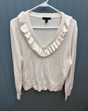 J.Crew Cream Ruffle‎ V Neck Long Sleeve Sweater Women's XL Cozy Casual thumbnail 1