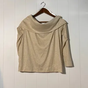 LOFT Shimmer Knit Off Shoulder Top Beige Long Sleeve Cowl Neck Size Large thumbnail 2