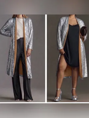 ANTHROPOLOGIE MARE MARE X Women’s Silver Sequin Duster Open Front Jacket Size S thumbnail 2
