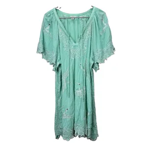 Sundance Aquamarine Embroidered Birds Floral Cotton Boho Beach Dress‎ Size LARGE thumbnail 2