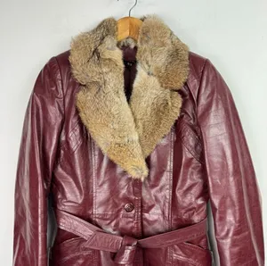 Vintage Leather Rabbitt Fur Trim Trench Tie Jacket Sz 5/6 Maroon Y2K Mob Wife thumbnail 3