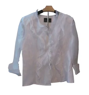Alex‎ Evenings Ruffle Front Blouse Large White Sheer Organza Floral Jacquard thumbnail 1