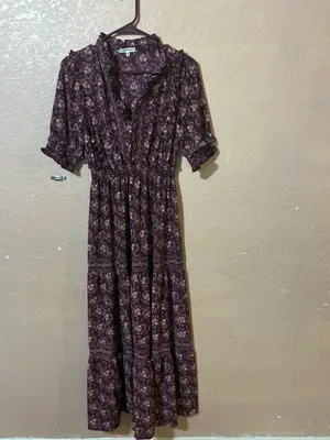 Max Studio Plum Floral Smocked Waist Tiered Ruffle V-Neck Boho thumbnail 3