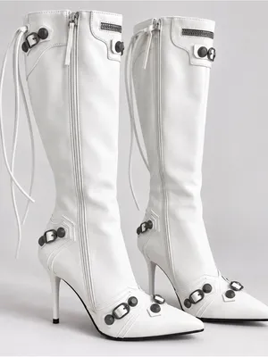 White Knee High Stiletto Boots | Y2K Moto Buckle Pointed Toe Cyber Glam Size 40 thumbnail 1