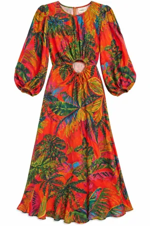 Farm Rio Urban Jungle Midi Dress Womens Small Orange Green Excellent Cutout thumbnail 1