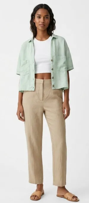 Zara Linen Crop Short Sleeve Button Down Blouse Mint Green Large Boho thumbnail 1