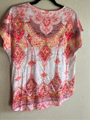 Sundance Pink Coral & Yellow Geometric Scoop Neck Tee Vibrant Boho size large thumbnail 3
