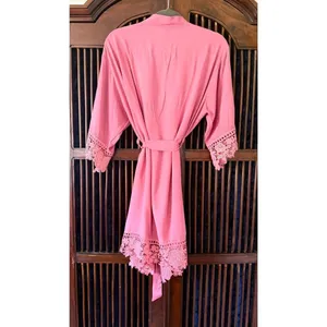 Pink Lace Trim Kimono Robe Sheer Tie Waist Lightweight One Size thumbnail 2