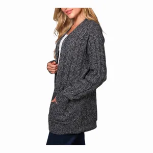 Be Fabulous Cable Knit Cardigan XS Gray Black Open Front Longline Pocket Sweater thumbnail 11