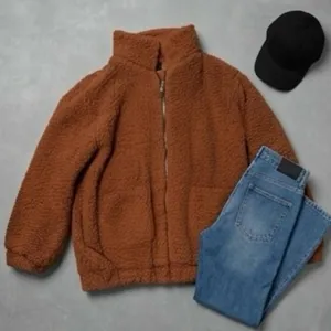 Brown Teddy Sherpa Fleece Zip Jacket Oversized Y2K Gorpcore S thumbnail 1