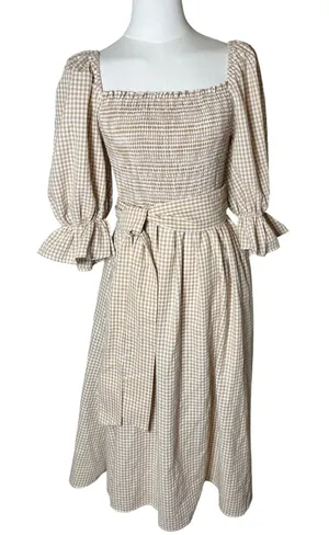 AURA Gingham Smocked Square Neck Midi Dress Beige White Puff Sleeve‎ Belted M thumbnail 1
