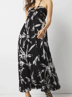 NWT White House Black Market halter Neck Pleated Maxi Dress Black White 4 thumbnail 3