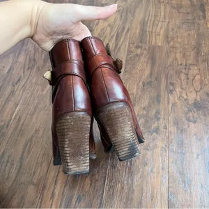 Frye • Patty Riding Bootie brown leather Redwood ankle boot heeled strap buckle thumbnail 13