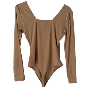 NWT Quince Second Skin Square Neck Long Sleeve Body Thong Bodysuit Mocha Large thumbnail 5