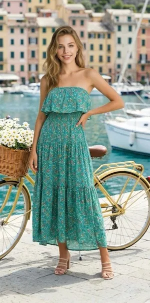 Green Floral Ruffle Boho Maxi Dress thumbnail 1