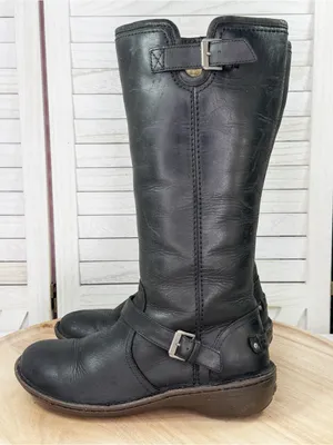 Ugg‎ Tupelo Leather Riding Moto Boots Black 7 Sherpa Lined Buckle Flat 1003335 thumbnail 3