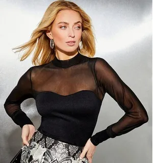 NWT A Loves A Black Gold Metallic Knit Sheer Illusion Mesh Long Sleeve Top M thumbnail 1
